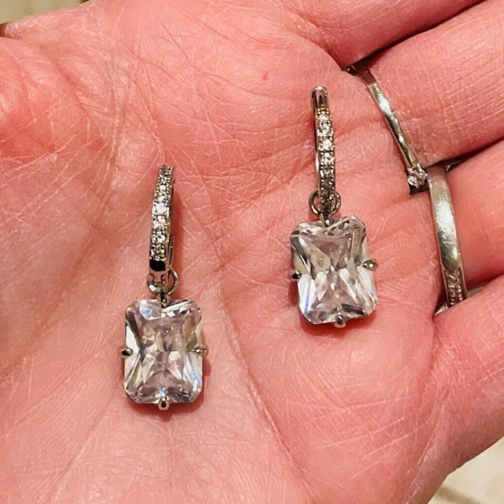 Simulated Diamond Square Dangle Drop Earrings Mel… - image 2